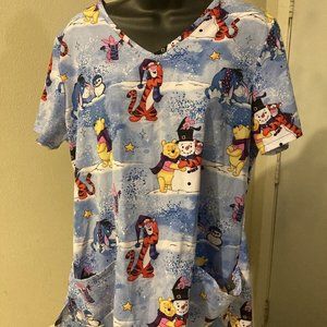 WINNIE THE POOH - Scrubs Size Medium Graphic Print Nurse Lightweight V Neck
